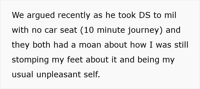 Text excerpt discussing an argument involving a woman, her husband, and parenting concerns related to a short journey without a car seat.