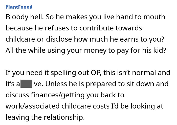 Commenter discussing mom faces money issues and husband tells to budget, criticizing refusal to share childcare expenses. Commenter discussing mom faces money issues and husband tells to budget, criticizing refusal to share childcare expenses.