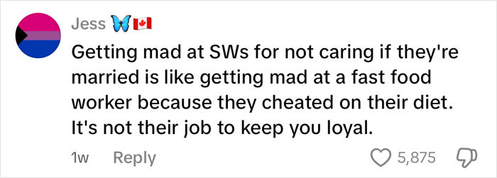 Comment from user Jess with a bisexual pride and Canadian flag, discussing loyalty and discrimination in the escort industry.