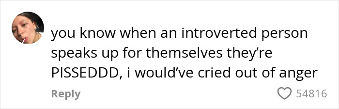 Screenshot of a social media comment expressing strong emotion about introverted people speaking up for themselves.