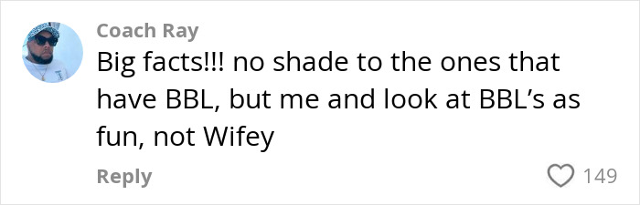 Social media comment discussing BBL and personal opinions on the procedure and related challenges.