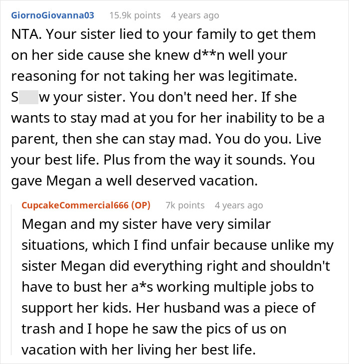 Screenshot of a Reddit thread discussing a vacation rift when woman chooses friend over sister and niblings for the trip. - 21