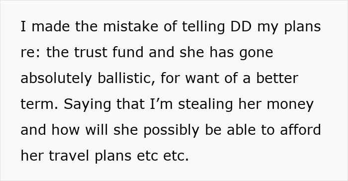 Text excerpt showing a parent admitting to telling daughter about trust fund plans, triggering accusations of stealing trust fund.