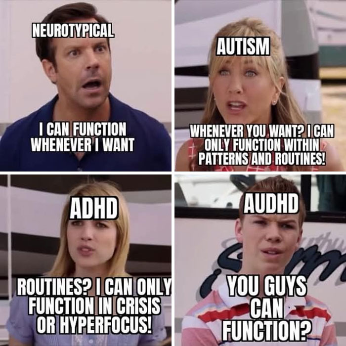 Four-panel meme showing different neurodivergent conditions with captions about their unique functioning styles.