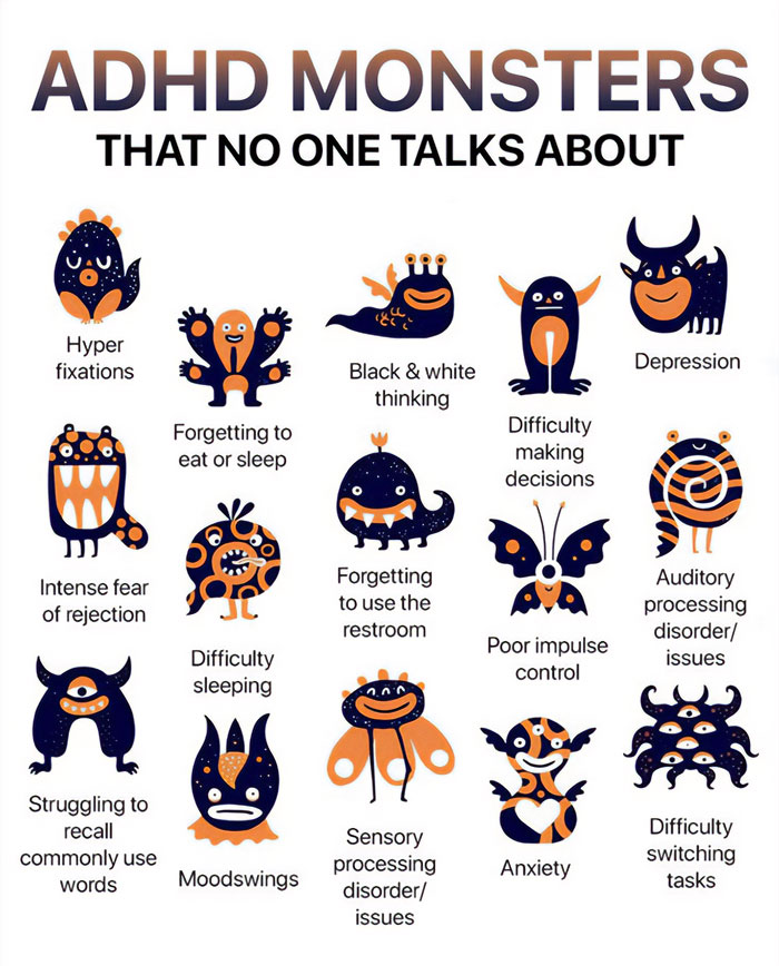 Illustration of ADHD monsters representing neurodivergent challenges like anxiety, sensory processing, mood swings, and decision difficulties.