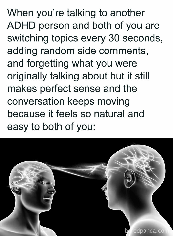 Two neurodivergent brains connected by light beams, illustrating relatable ADHD conversation dynamics and connection.