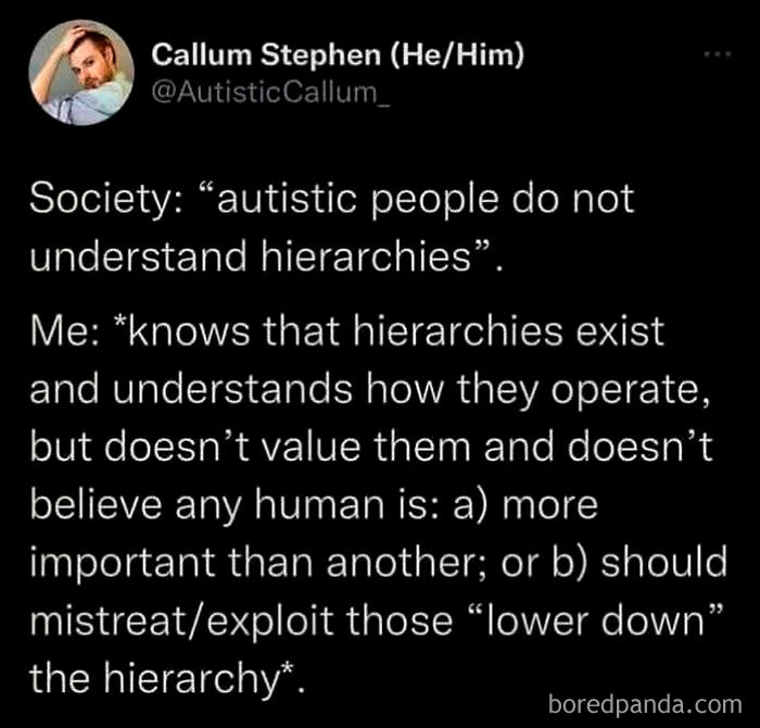 Tweet about autistic people understanding but rejecting social hierarchies, relatable neurodivergents post on hierarchy views.