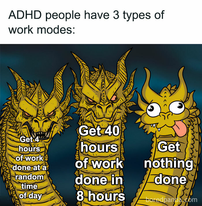 Cartoon of three-headed dragon illustrating ADHD work modes, a relatable neurodivergent meme about productivity levels.
