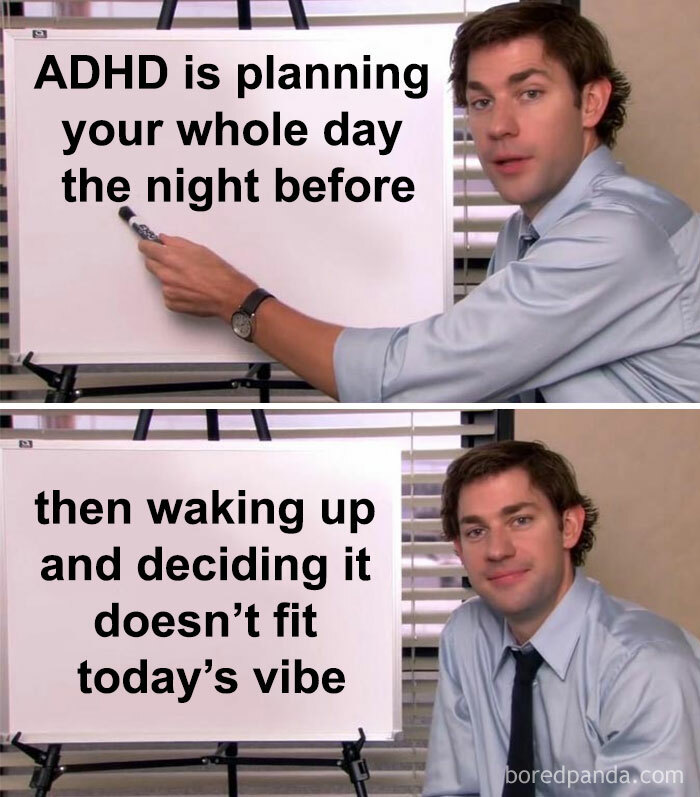 Man presenting two boards with text about ADHD planning and vibe changes, illustrating relatable neurodivergent experiences.