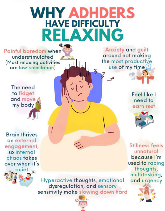 Person with ADHD struggling to relax, surrounded by reasons including hyperactive thoughts and need for movement, neurodivergent traits.