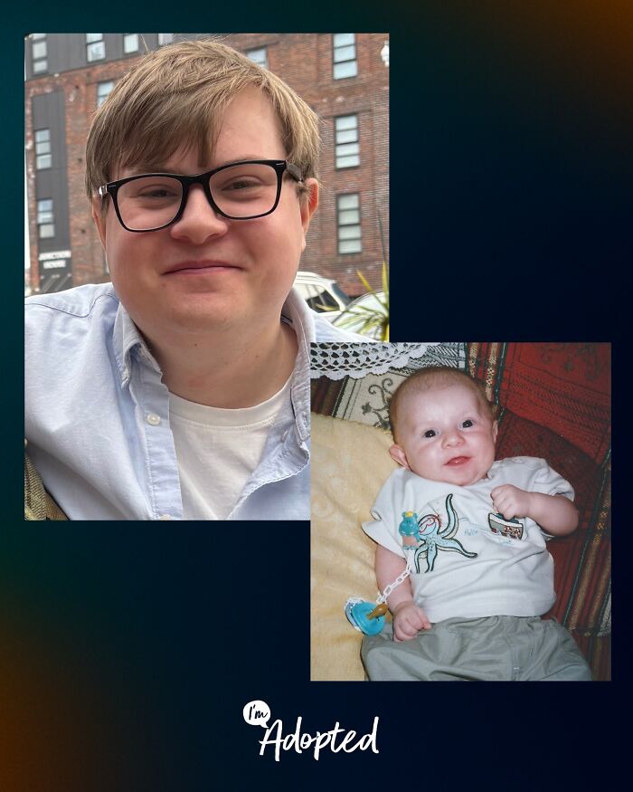 Smiling young man wearing glasses and baby photo side by side, representing wholesome and amazing adoption stories.
