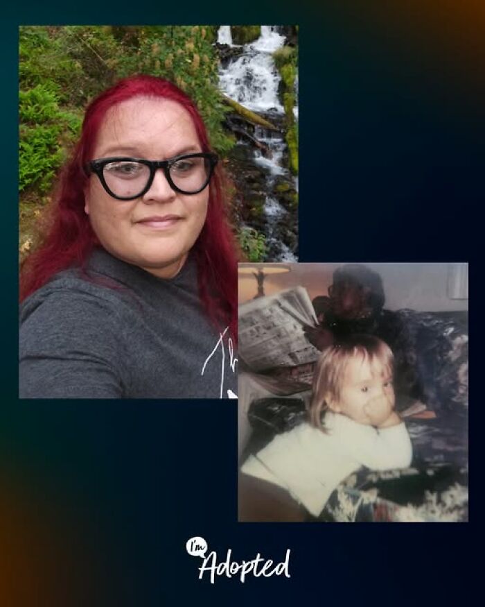 Woman with red hair and glasses outdoors by a waterfall with a childhood photo, representing adoption stories.