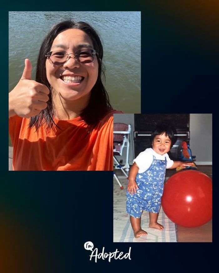 Smiling woman giving thumbs up near water and childhood photo of toddler playing with red ball representing adoption stories.