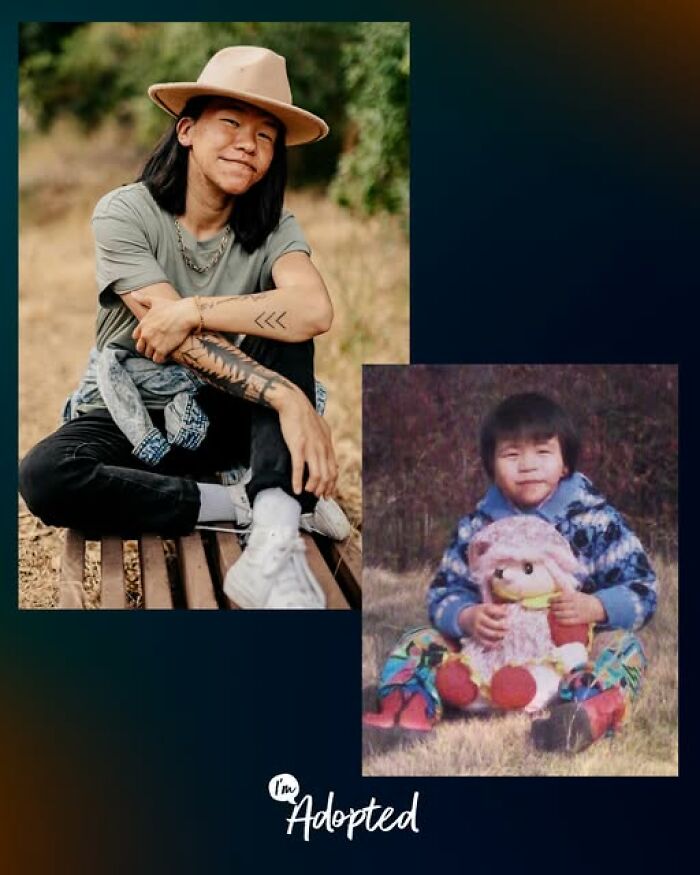 Young person sitting outdoors smiling and a childhood photo holding a stuffed toy, illustrating adoption stories and journeys.