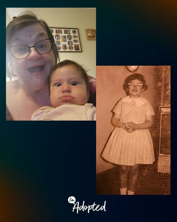 Smiling woman holding a baby beside an old photo of a young girl wearing glasses, representing adoption stories.