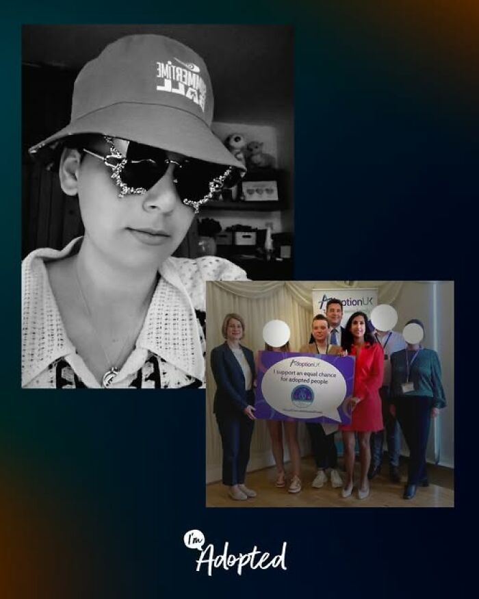 Collage showing a young person in sunglasses and a group holding a sign supporting adoption stories and equal chances.