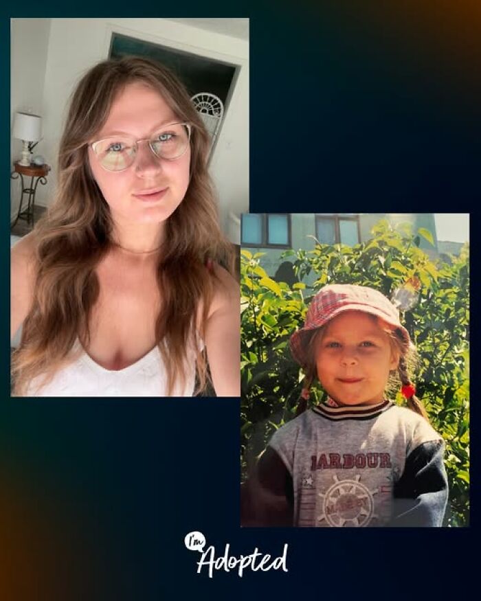 Side-by-side photos of a young woman and a child outdoors representing touching adoption stories and family bonds.