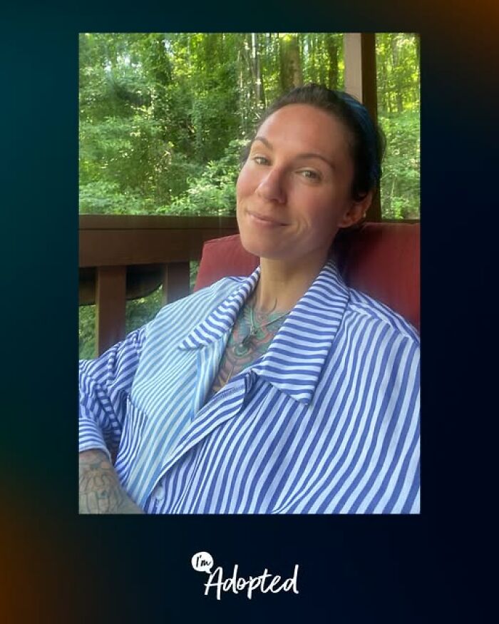 Smiling woman in striped shirt sitting outdoors on a porch, representing wholesome and amazing adoption stories.