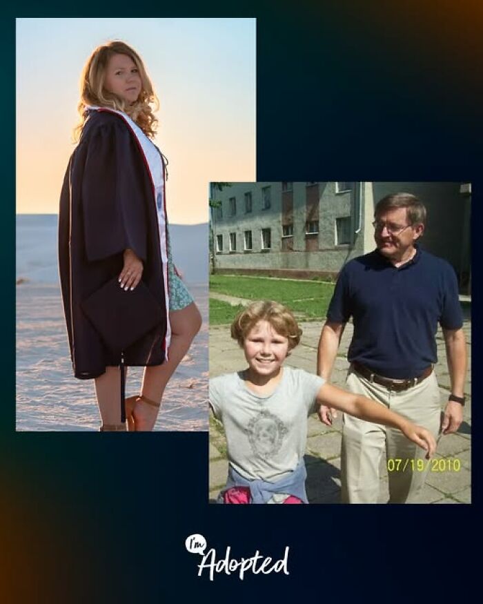 Young woman in graduation gown and a father with adopted child smiling outdoors, representing adoption stories.