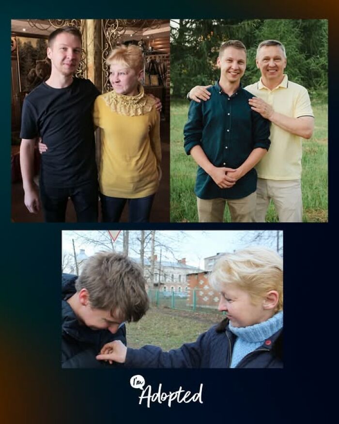 Three photos showing happy family moments, highlighting heartwarming adoption stories and connections between parents and children.