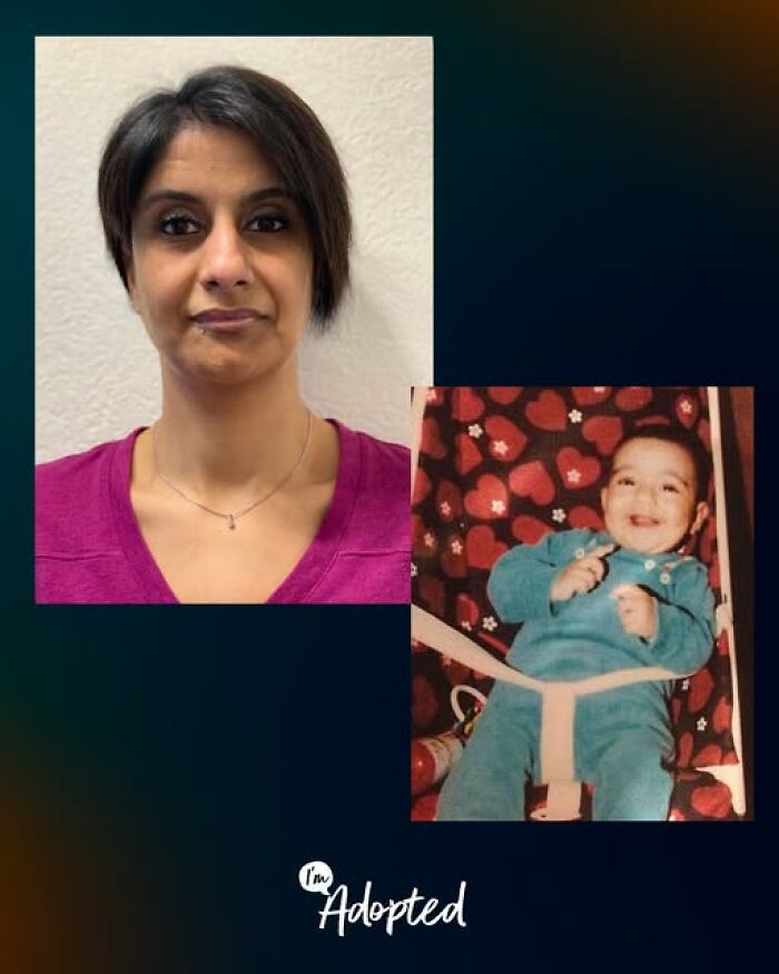 Woman smiling in a portrait and a baby photo with heart-patterned background representing adoption stories.