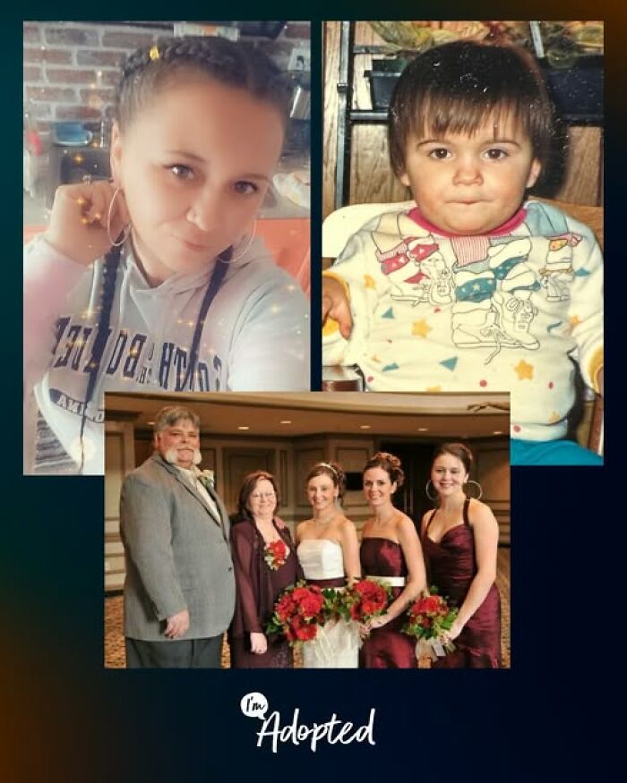 Collage showing a woman, a child, and a family in formal attire highlighting wholesome adoption stories.
