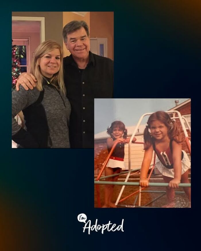 Two photos showing a grown woman with an older man and the same girl playing outside, representing adoption stories.
