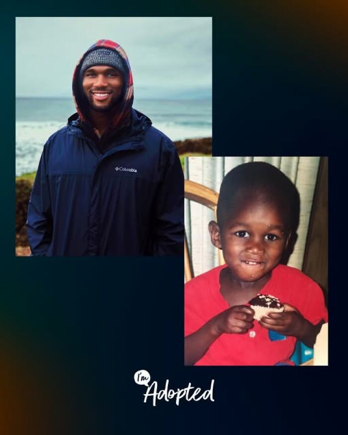 Smiling man in jacket at the beach and a young boy holding a cupcake, representing adoption stories and family bonds.