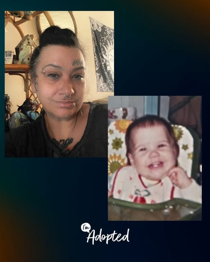 Adult woman with tattoos and piercings beside a baby photo, illustrating inspiring adoption stories of love and growth.