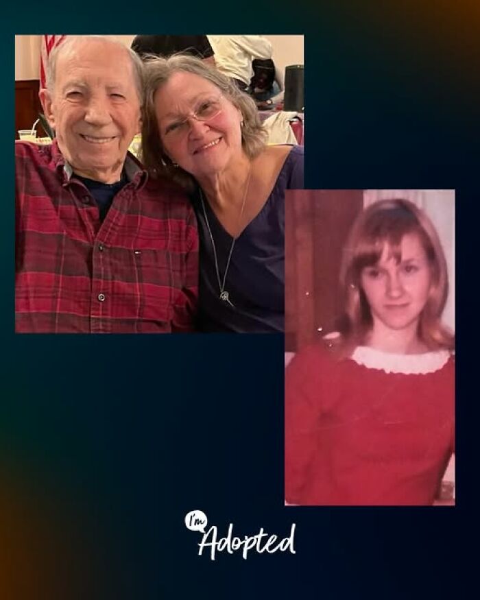 Elderly couple smiling together and a younger woman in a red dress, sharing a heartwarming adoption story.