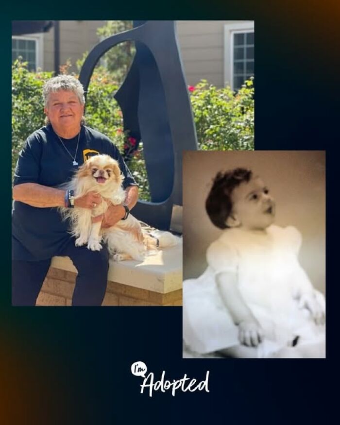 Older woman holding a small dog outdoors beside a childhood baby photo, representing inspiring adoption stories.