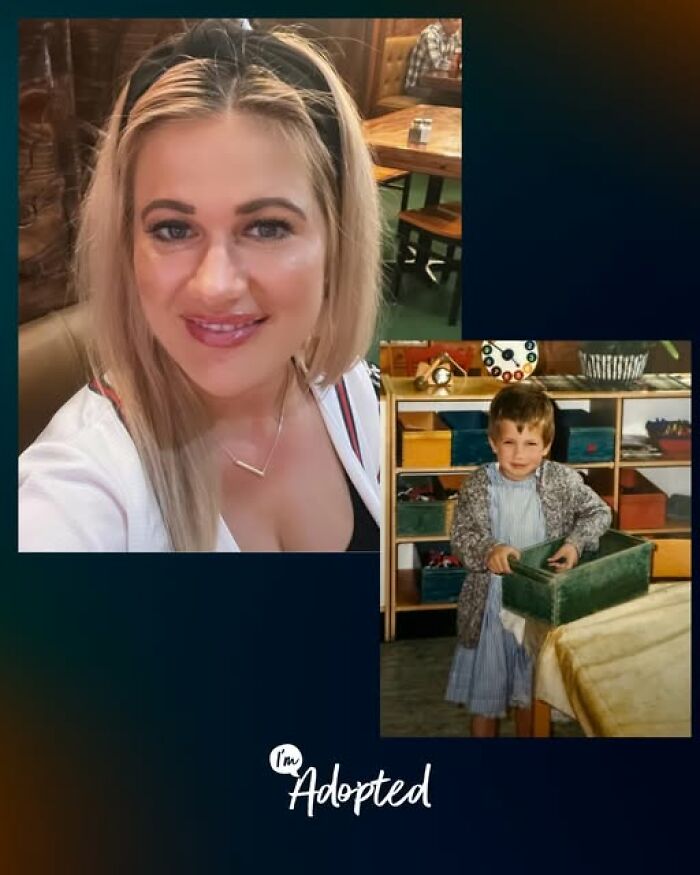 Smiling woman and childhood photo collage highlighting inspiring adoption stories and personal journey of being adopted.