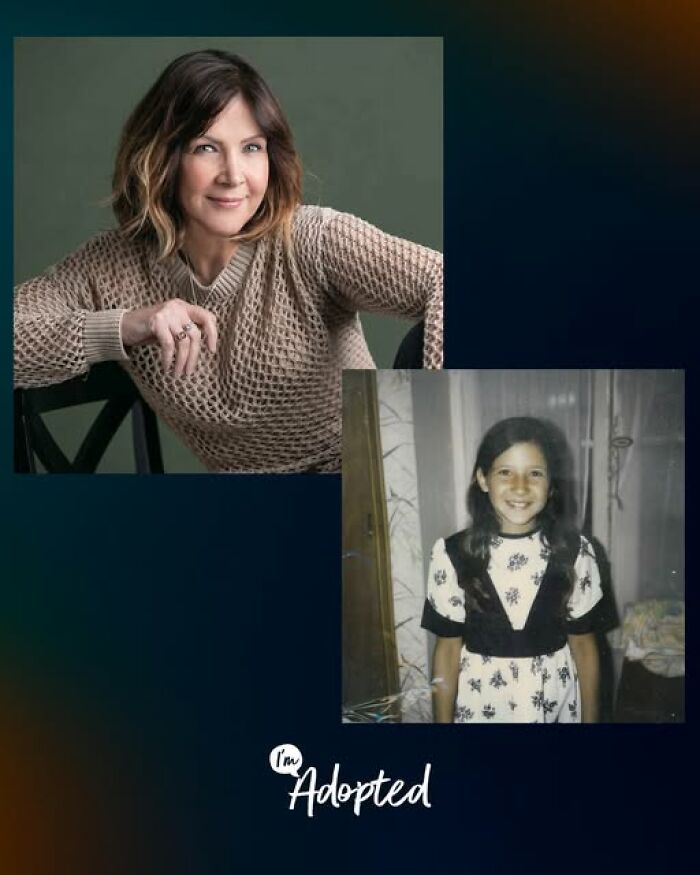 Woman smiling in a cozy sweater and a vintage photo of a young girl, representing wholesome adoption stories.