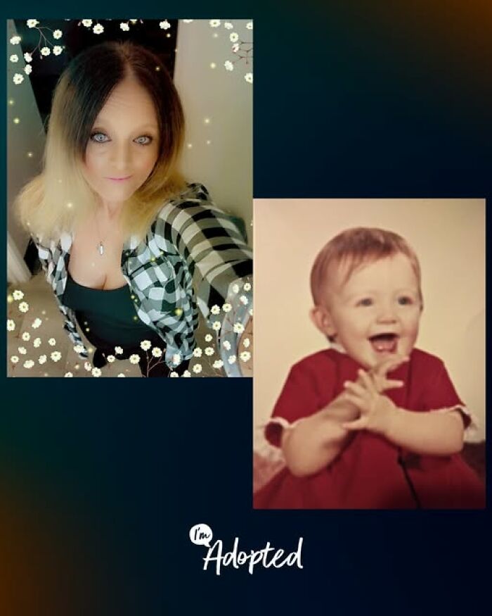 Woman smiling in a plaid shirt next to a baby photo, representing wholesome and amazing adoption stories.