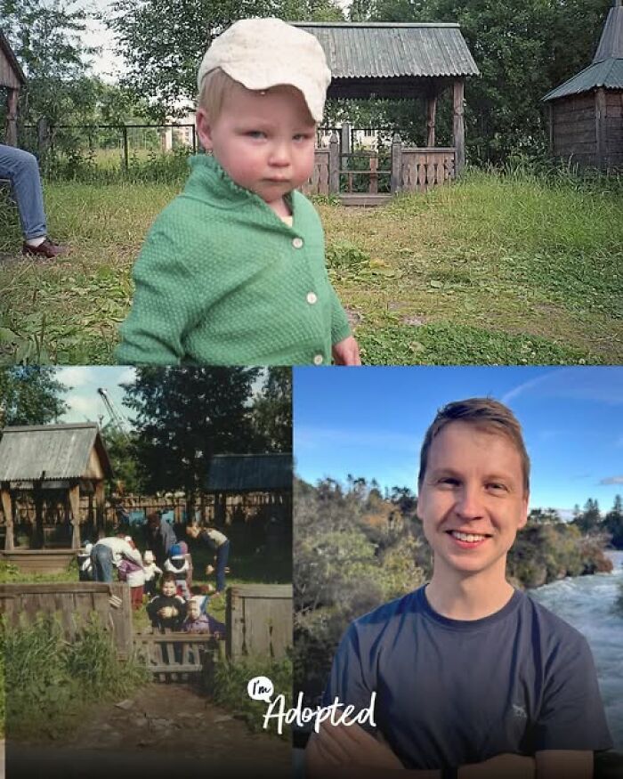 Collage showing a young child, a group at a rural home, and a smiling adult male representing adoption stories.