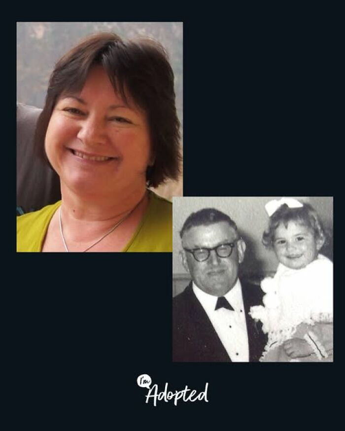 Smiling woman and black-and-white photo of a man holding a young girl, representing adoption stories and family connections.