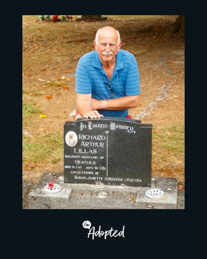 Elderly man kneeling by a gravestone, reflecting on adoption stories and ancestral connections in a peaceful outdoor setting.