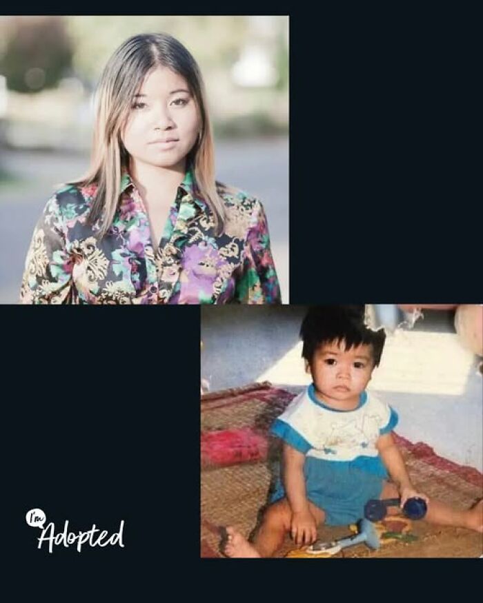 Portrait of a woman and a childhood photo of her highlighting inspiring adoption stories and journeys.
