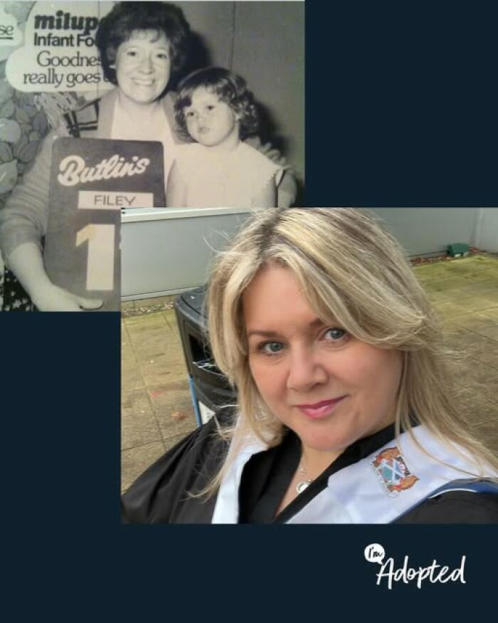 Woman smiling in a graduation gown with a childhood photo of adoption memories in the background, highlighting adoption stories.