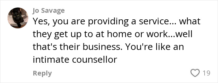 Comment discussing the perspective of a professional escort as an intimate counsellor amid industry racial discrimination debate.