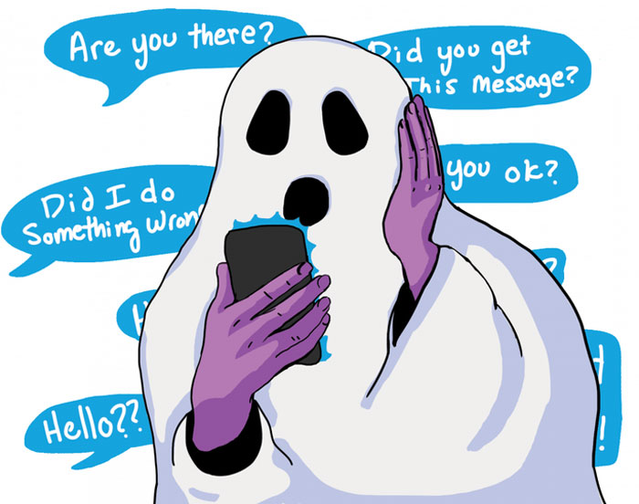 Ghost figure with purple hands anxiously checking phone surrounded by chat bubbles, representing air signs zodiac survival kit.