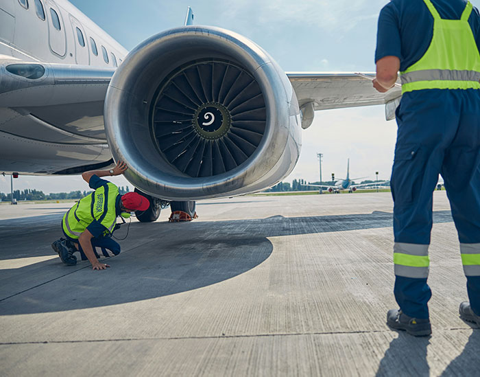 Airport workers inspecting a large plane engine on the tarmac, highlighting concerns around man sucked into plane engine incident.