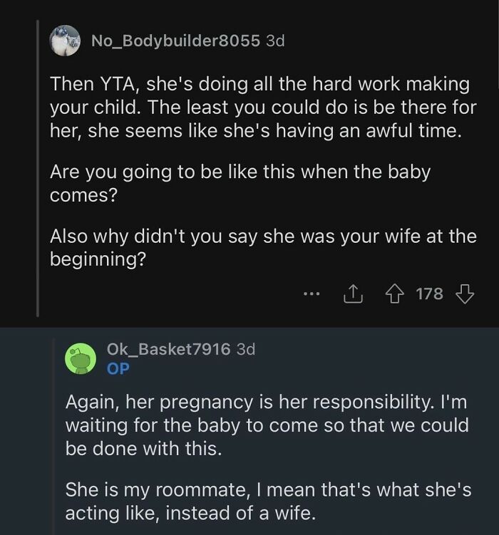 Screenshot of a Reddit conversation showing a guy fed up with pregnant roommate, arguing about responsibility and fatherhood. - 14