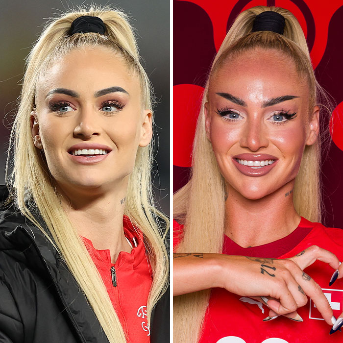 Side-by-side images of the world's prettiest footballer showing stunning transformation with long blonde hair and makeup.