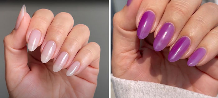 Close-up of hands showing trendy almond nails in soft pink and vibrant purple colors, highlighting almond nails styles.