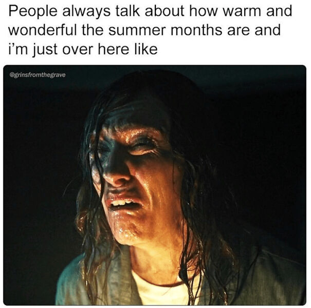 Person sweating heavily and grimacing, humorously illustrating the struggle of summer heat in funny summer memes.