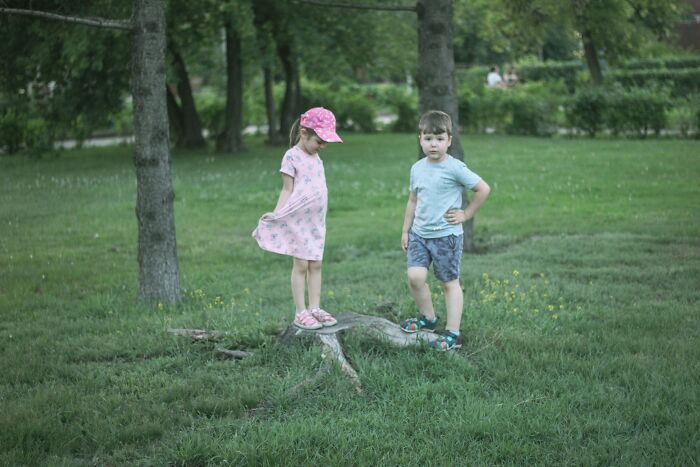 Two children playing outdoors on a tree root in a park, illustrating common lies that have been proven false.