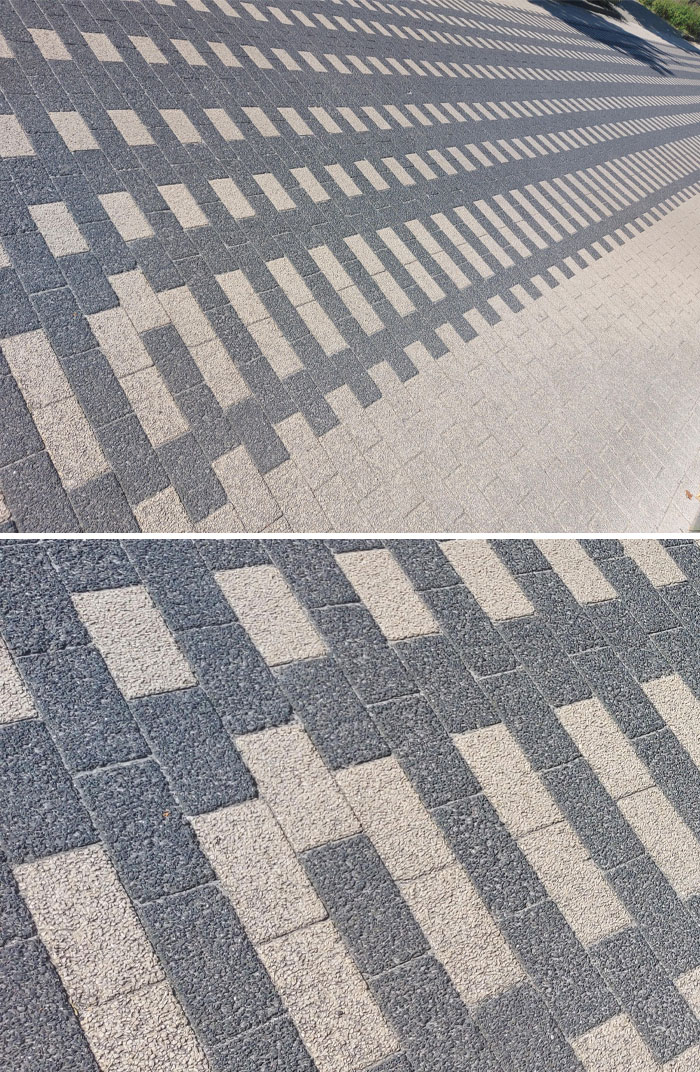 Patterned pavement with irregular tile alignment that might annoy people with OCD due to imperfect arrangement.