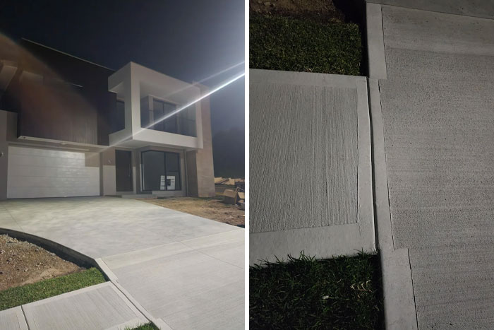 Concrete driveway and sidewalk with imperfect alignment, illustrating common annoyances for people with OCD traits at night.