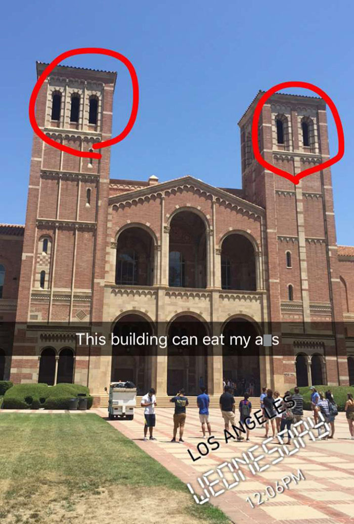 Historic brick building with uneven windows circled in red, illustrating imperfect things that annoy people with OCD.